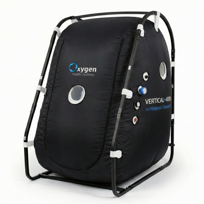 MC4000U 1.4 ATA walk-in vertical hyperbaric oxygen chamber, front-left view with external steel frame