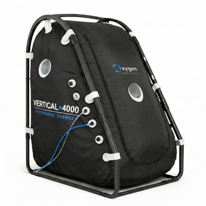 MC4000U sit-up hyperbaric chamber, front-right view showing transparent viewport windows