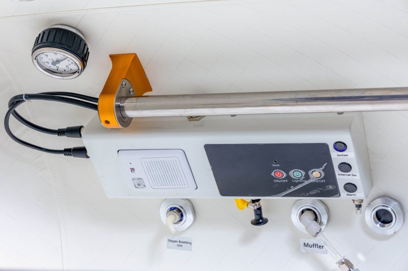 Hard shell single-person hyperbaric oxygen chamber, angled product view