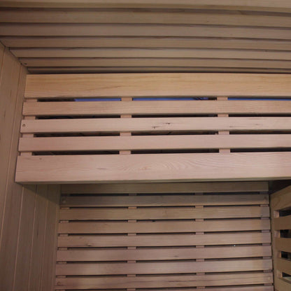 Interior of 2 Person Traditional Sauna with natural Hemlock wood benches in Luxury Plunge set