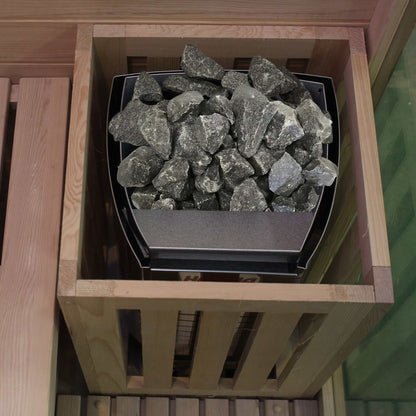Luxury plunge 2-person sauna heater with sauna stones in wooden frame
