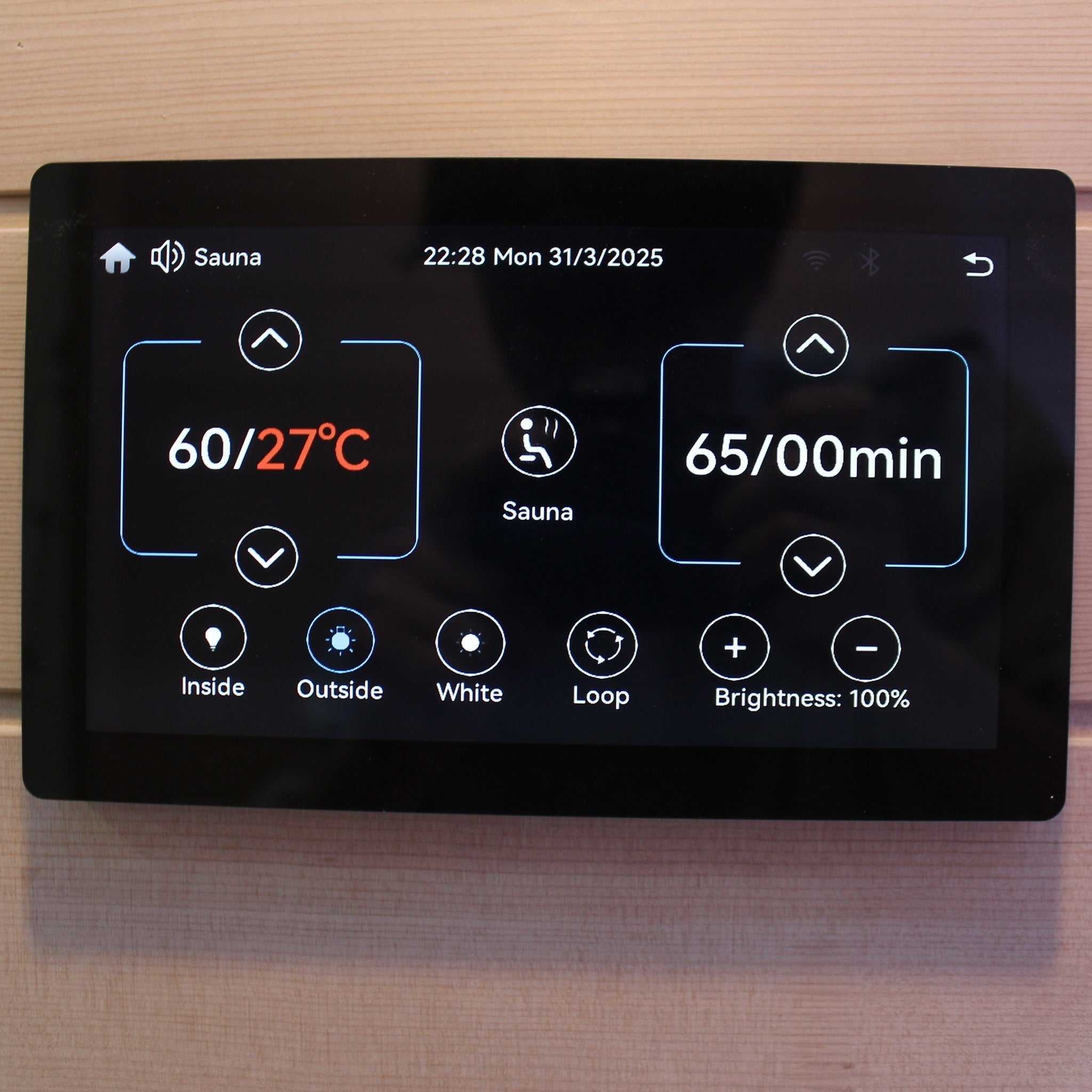 Luxury Plunge sauna control touchscreen displaying temperature and timer settings