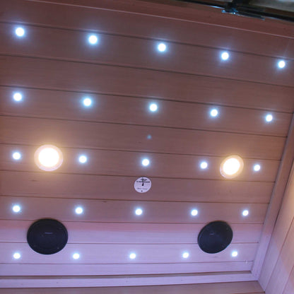 Interior ceiling of 2-person traditional sauna featuring LED lights and built-in speakers for luxury plunge experience.