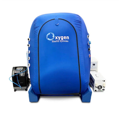 Vertical hyperbaric oxygen chamber with wide entry door and transparent viewport windows, side view