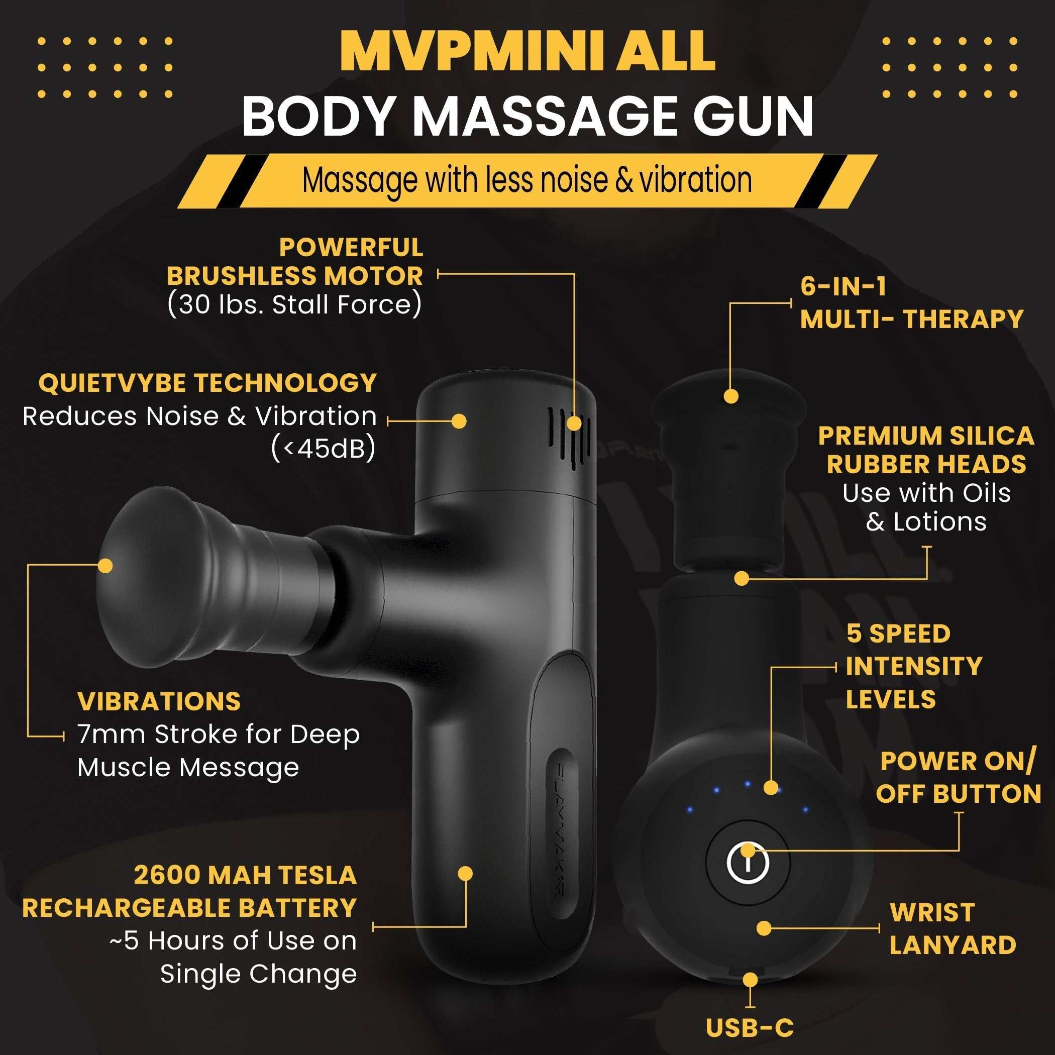 MVPmini Percussion Massage System handheld device with brushless motor, quiet vibration, rechargeable battery, 6-in-1 multi-therapy heads, and USB-C charging.