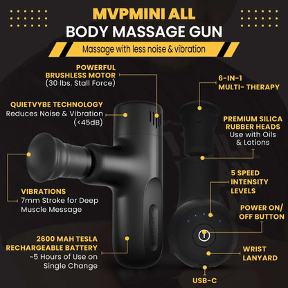 MVPmini Percussion Massage System handheld device with brushless motor, quiet vibration, rechargeable battery, 6-in-1 multi-therapy heads, and USB-C charging.