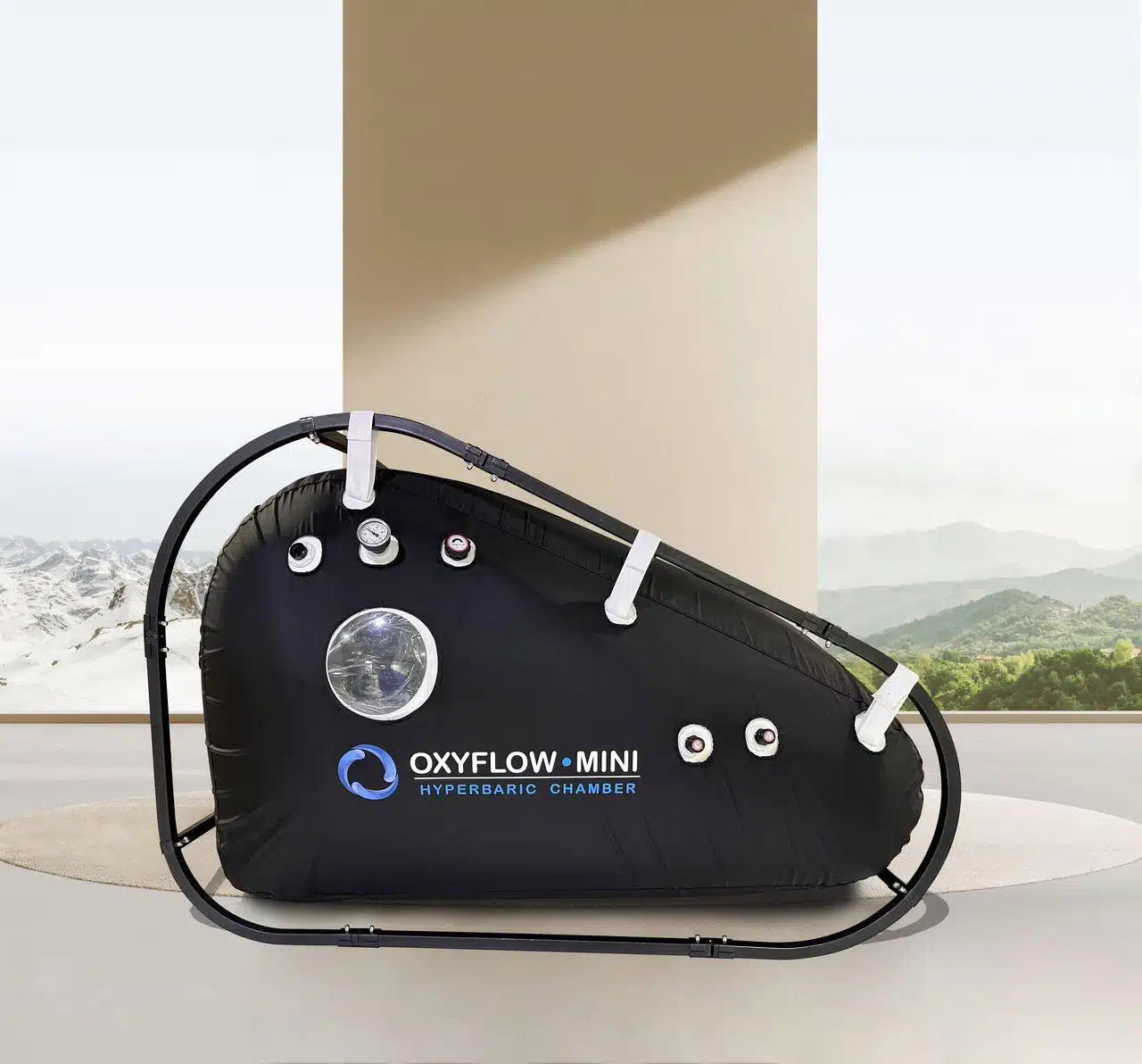 Sitting hyperbaric chamber mounted in its external metal frame, side view
