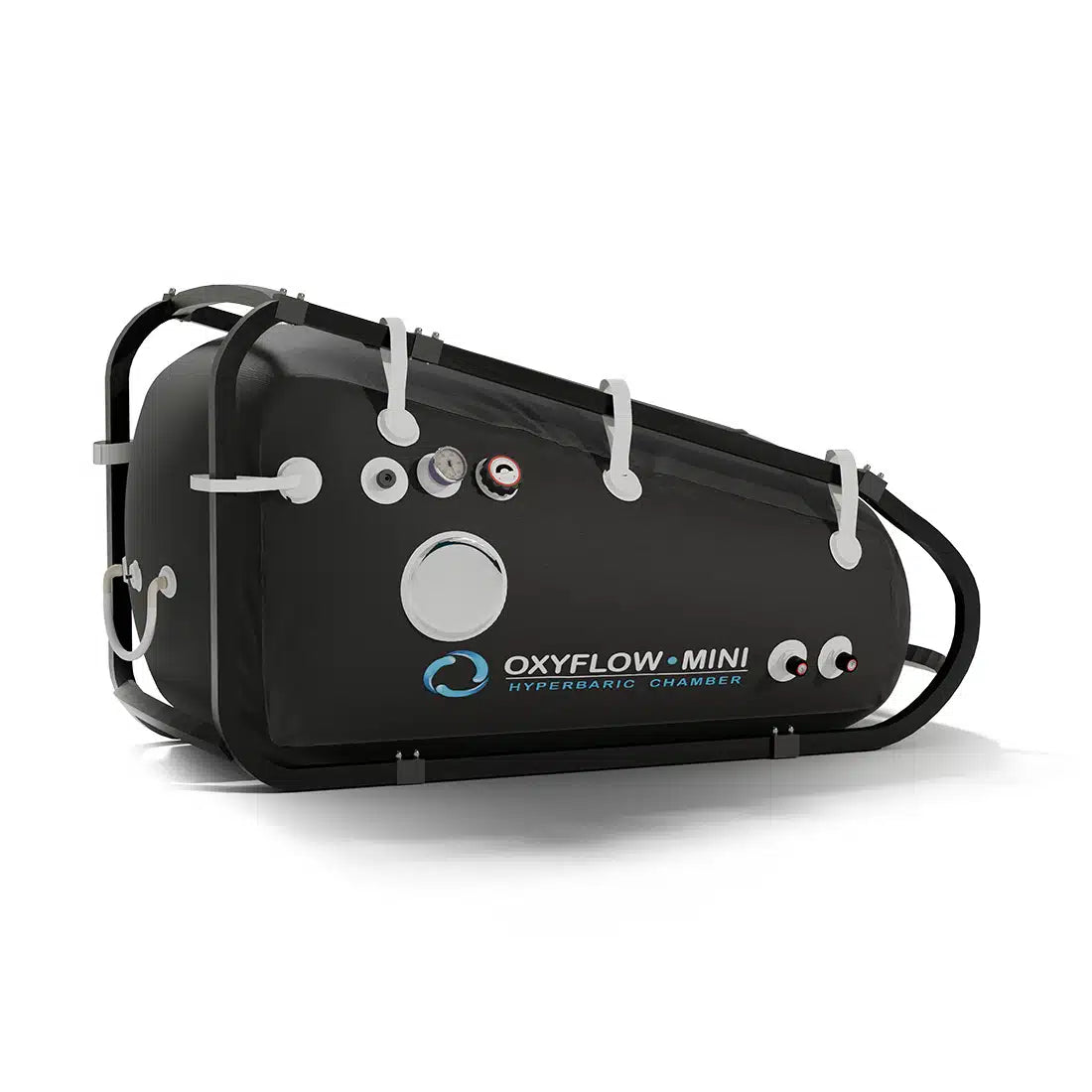 OxyFlow Mini hyperbaric oxygen chamber side view showing transparent viewport windows