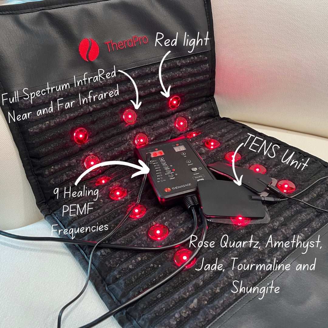 TheraPro PEMF Infrared red light healing pad with TENS unit and natural stones for pain relief and muscle relaxation