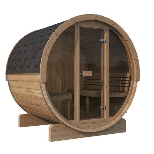 SaunaLife Model E7G outdoor sauna barrel with glass front and black shingle roof