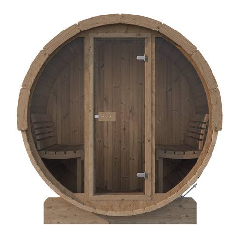 SaunaLife Model E7G outdoor sauna barrel with glass front and ergonomic wooden benches