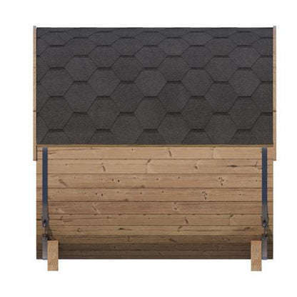 SaunaLife Model E7G outdoor sauna barrel with black shingle roof and thermo-spruce wood panels