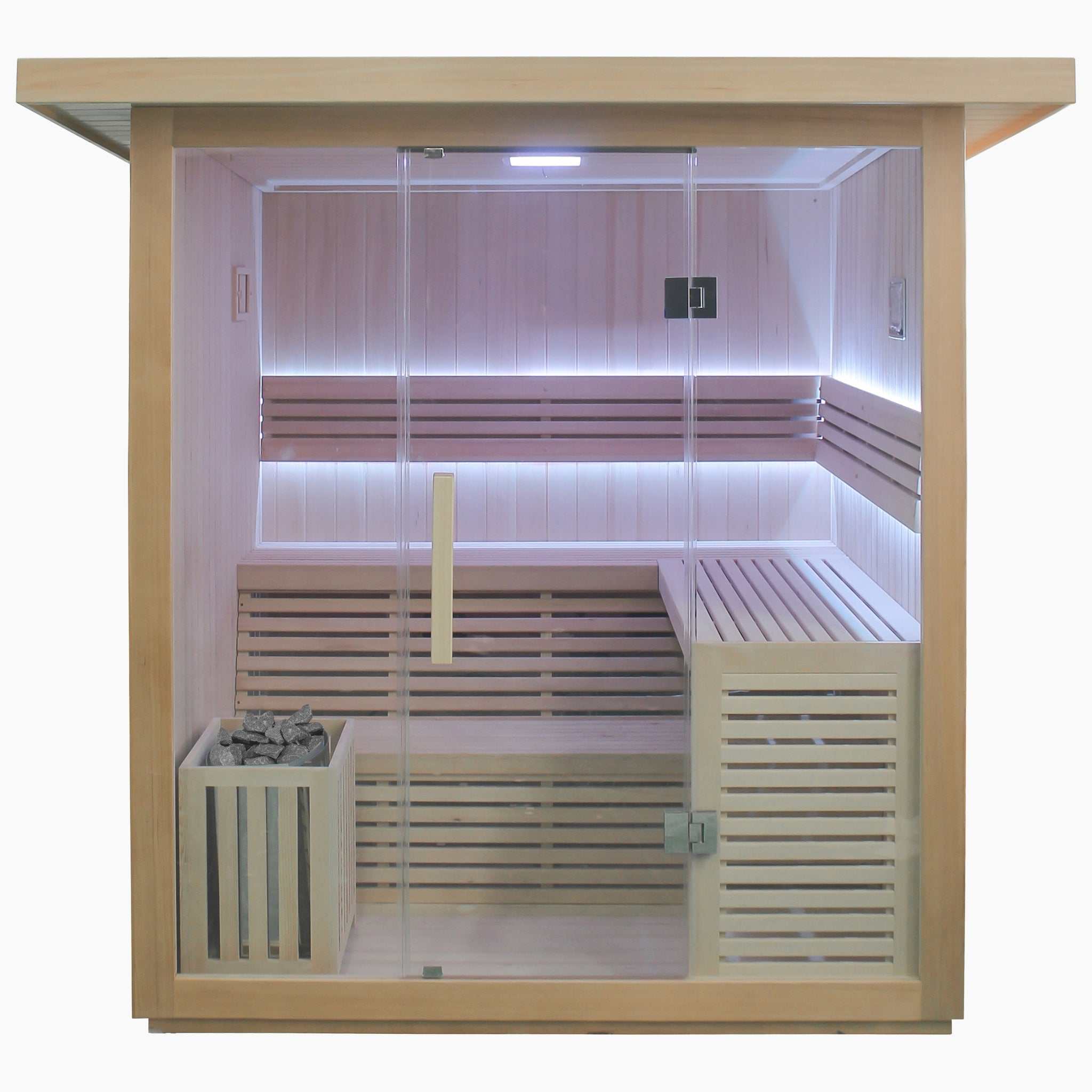 6 Person Traditional Sauna with Hemlock wood, LED lighting, Bluetooth speakers, and glass door front view