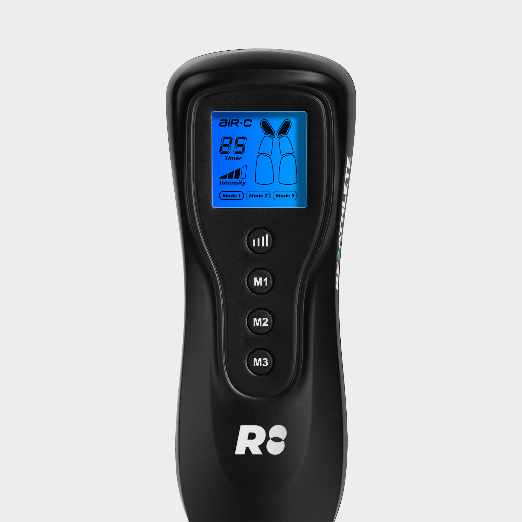 Black Air-C Compression Massager remote control with blue digital display and intensity buttons