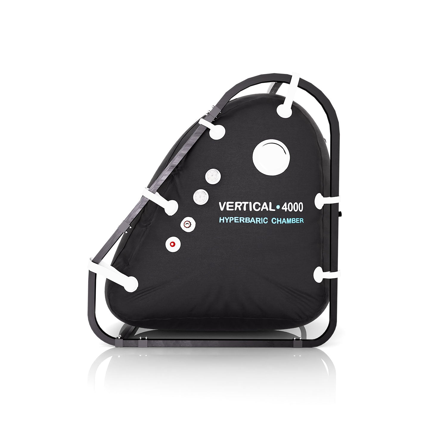 1.4 ATA vertical walk-in hyperbaric oxygen chamber in black with external steel frame, front studio view