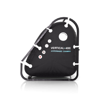 1.4 ATA vertical walk-in hyperbaric oxygen chamber in black with external steel frame, front studio view