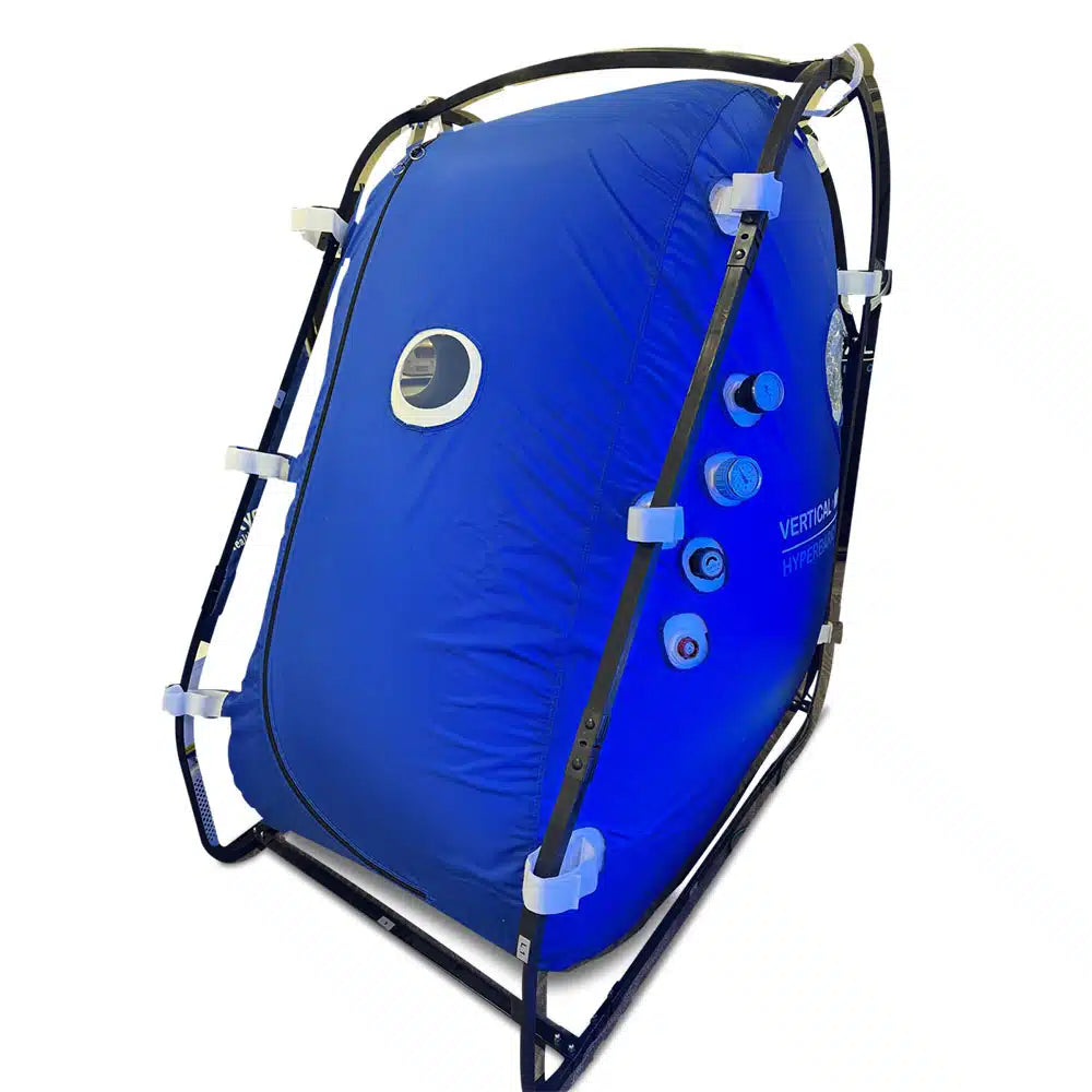 Blue vertical mini ultra-wide hyperbaric sitting chamber, soft-shell 1.5 ATA capsule