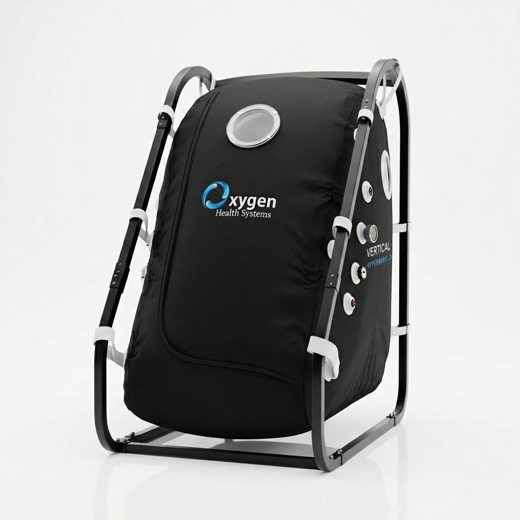 Vertical sitting 1.5 ATA soft-shell hyperbaric oxygen chamber, single occupant upright design