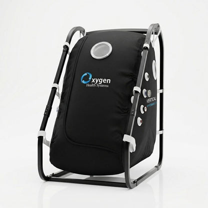 Vertical sitting 1.5 ATA soft-shell hyperbaric oxygen chamber, single occupant upright design