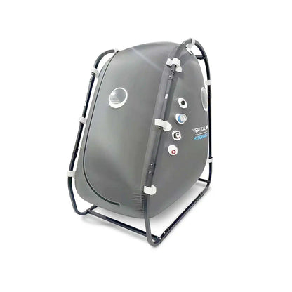 Gray vertical mini hyperbaric sitting chamber shown with external support frame