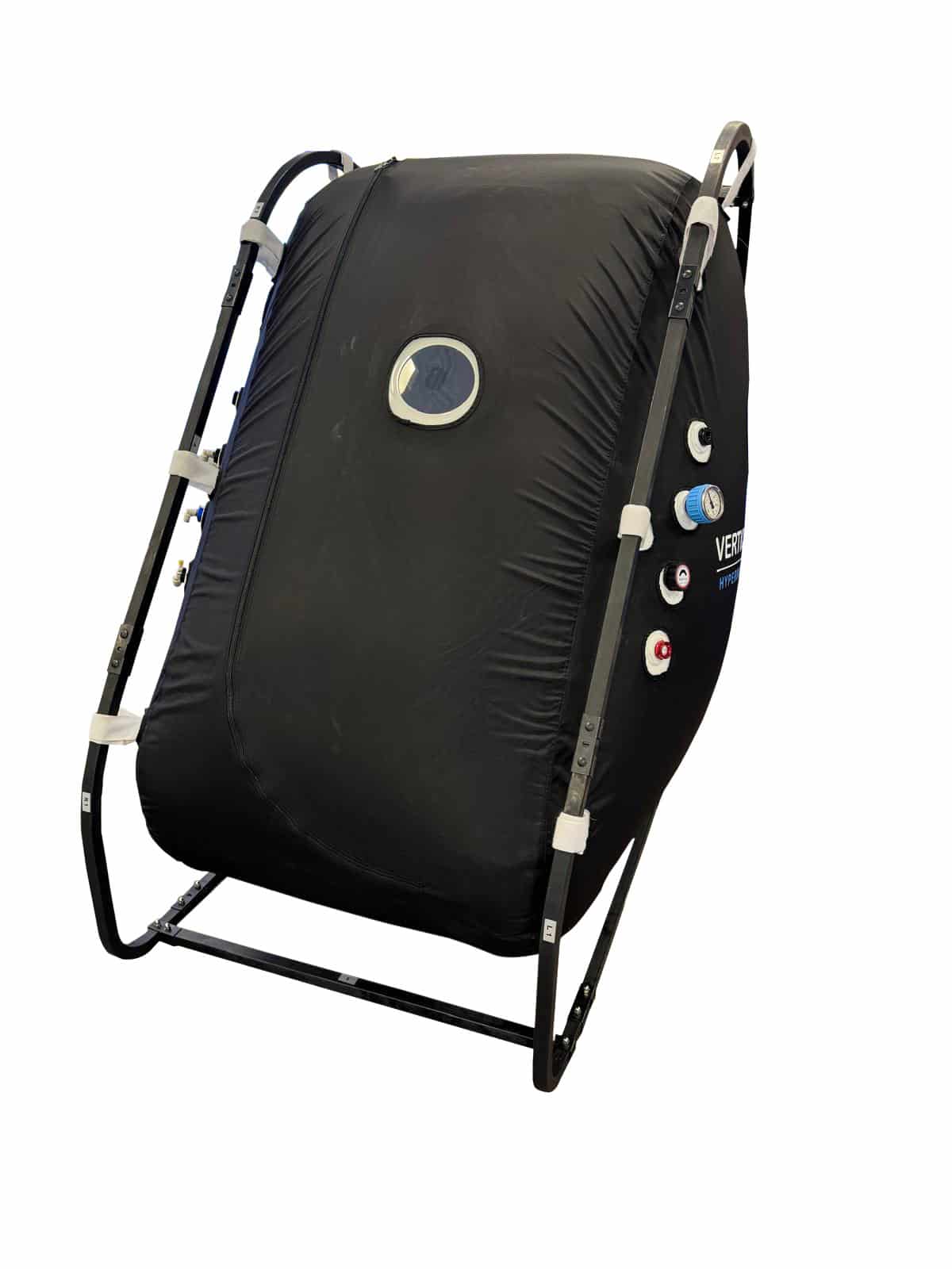 Vertical mini hyperbaric chamber with internal steel frame and viewport windows