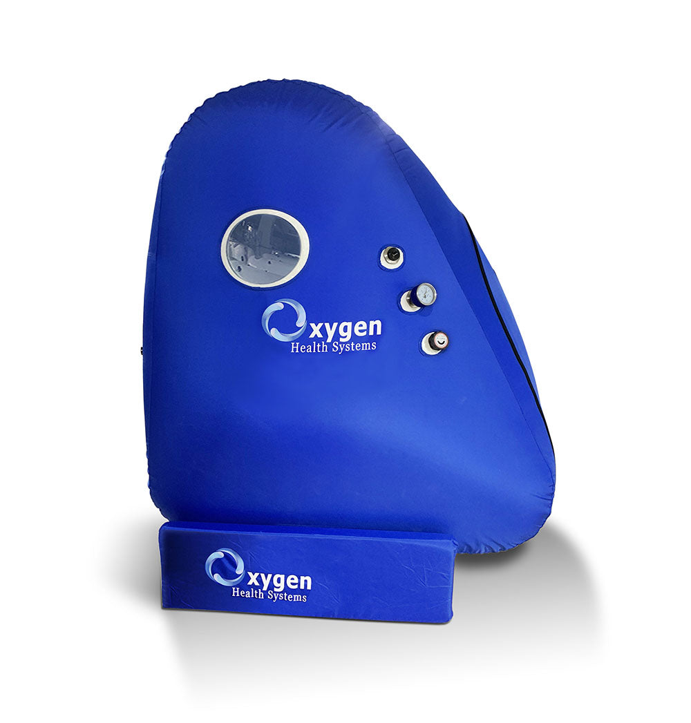 Upright sitting hyperbaric oxygen chamber with 32-inch wide entry, side profile