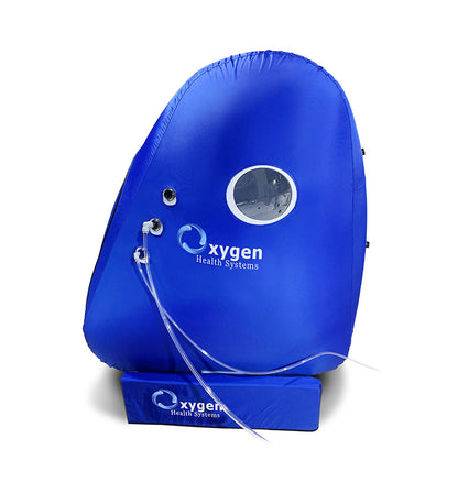 Foldable vertical hyperbaric chamber with quick-connect internal steel frame, exterior detail