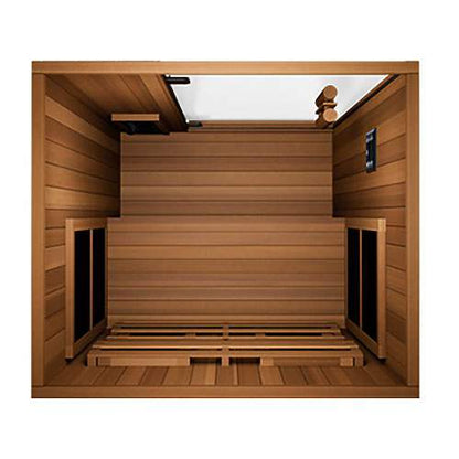 Finnmark FD-1 compact full-spectrum infrared sauna interior with wooden seating and glass door
