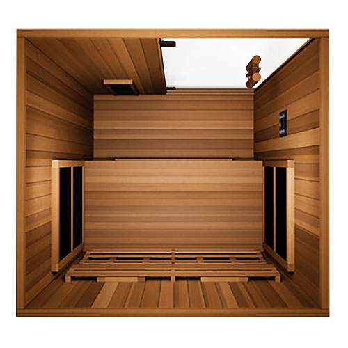 Finnmark FD-2 full-spectrum infrared sauna interior with wooden benches and 360 infrared panels for two people