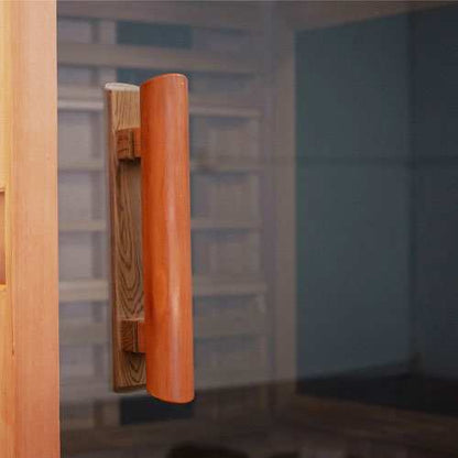 Finnmark FD-1 infrared sauna wooden handle close-up with glass door