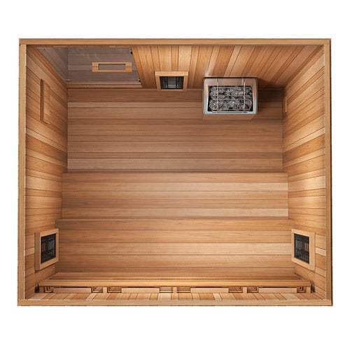 Top view of Finnmark FD-5 Trinity XL infrared and steam sauna with wooden interior and heater unit