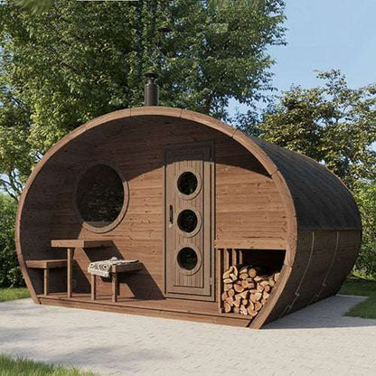 SaunaLife GL6 outdoor wooden barrel sauna kit with circular windows and wood storage
