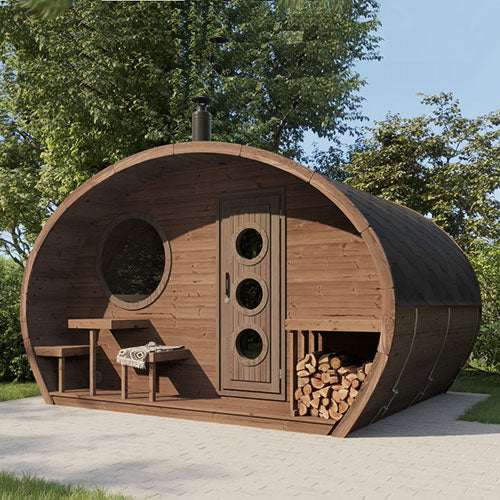 SaunaLife GL6 outdoor wooden barrel sauna kit with circular windows and wood storage