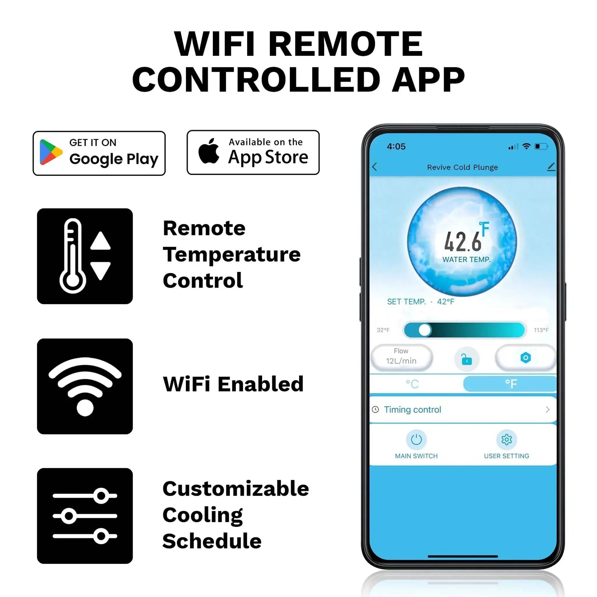 WiFi remote control app interface for Inflatable Plunge showing temperature settings and customizable cooling schedule