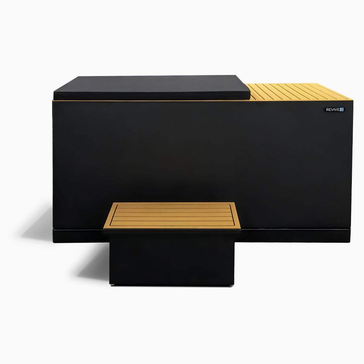 Luxury Plunge black insulated stainless steel plunge tub with tan wood accents and cooling system