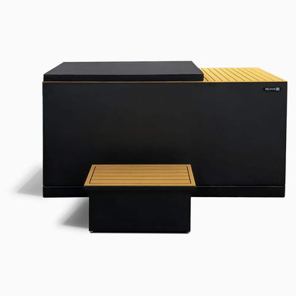 Luxury Plunge black insulated stainless steel plunge tub with tan wood accents and cooling system