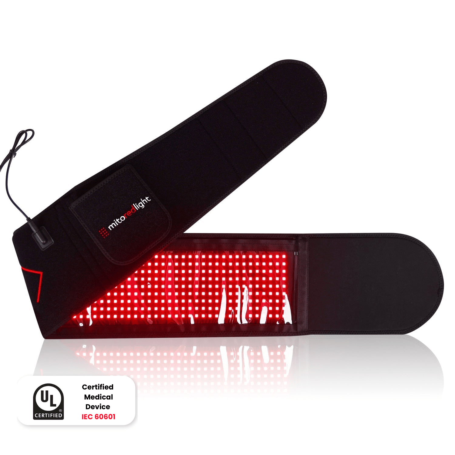 MitoQUAD Wavelength Belt hands-free red light therapy device with 405 diodes and TriChip technology for targeted pain relief and healing