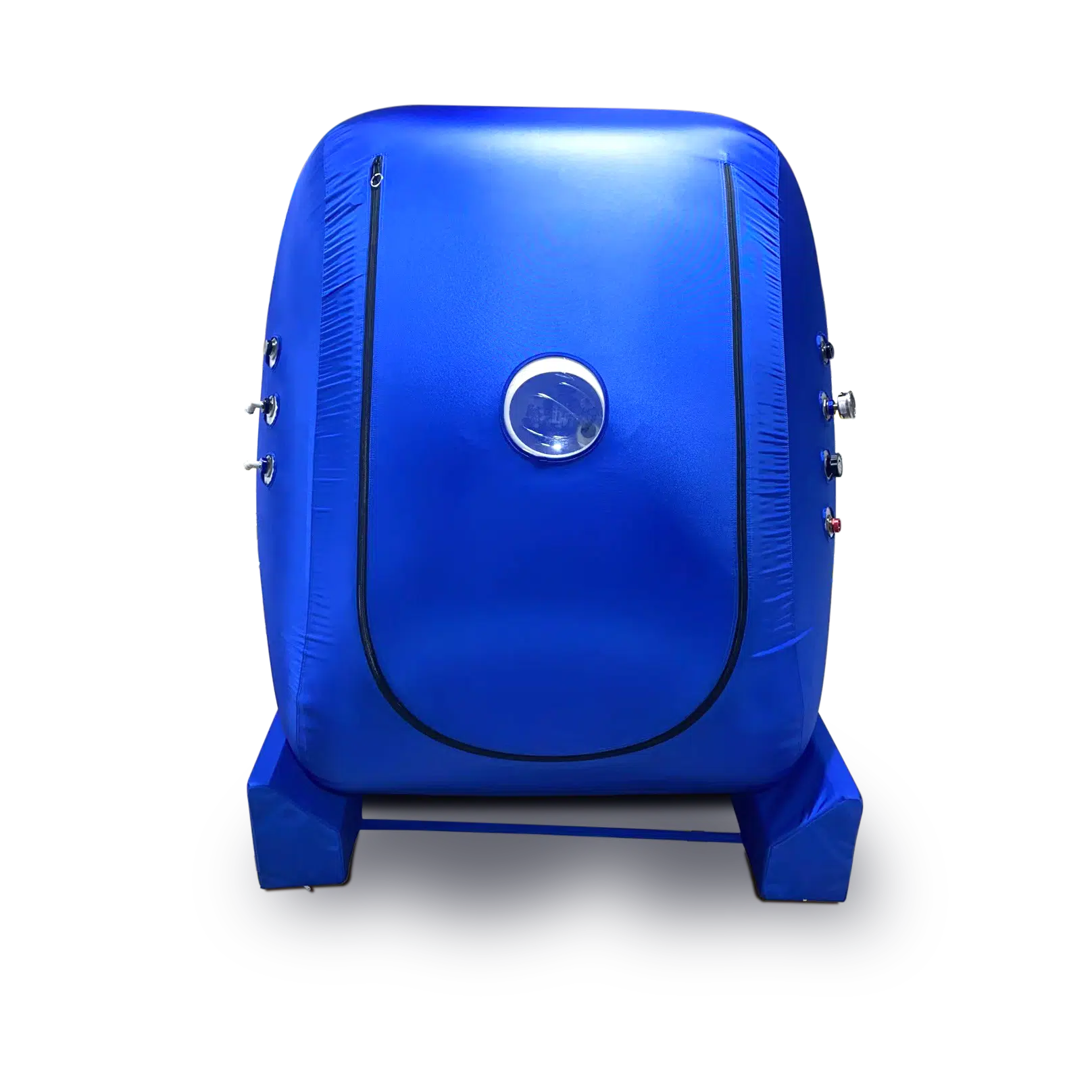 Front view of the vertical walk-in hyperbaric chamber showing the 32-inch wide zipper door and transparent windows