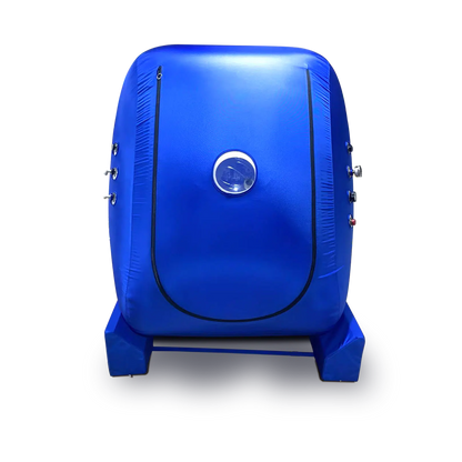 Front view of the vertical walk-in hyperbaric chamber showing the 32-inch wide zipper door and transparent windows