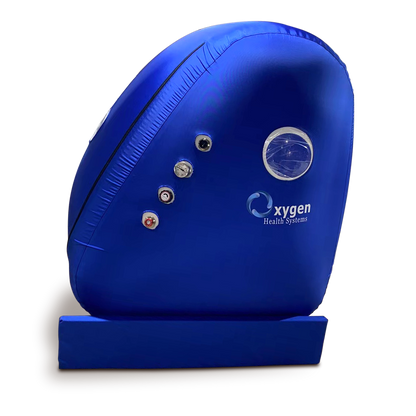 Side view of the upright sitting hyperbaric oxygen chamber with reinforced bolster base