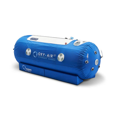 32-inch soft shell hyperbaric oxygen chamber, front-right exterior view of the lie-down capsule