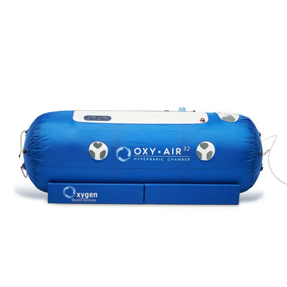 32-inch soft shell hyperbaric chamber front view showing transparent viewport windows and zipper entry