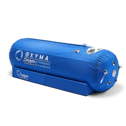 Oxyma 28-inch soft shell hyperbaric oxygen chamber, full exterior view of the lie-down tubular capsule