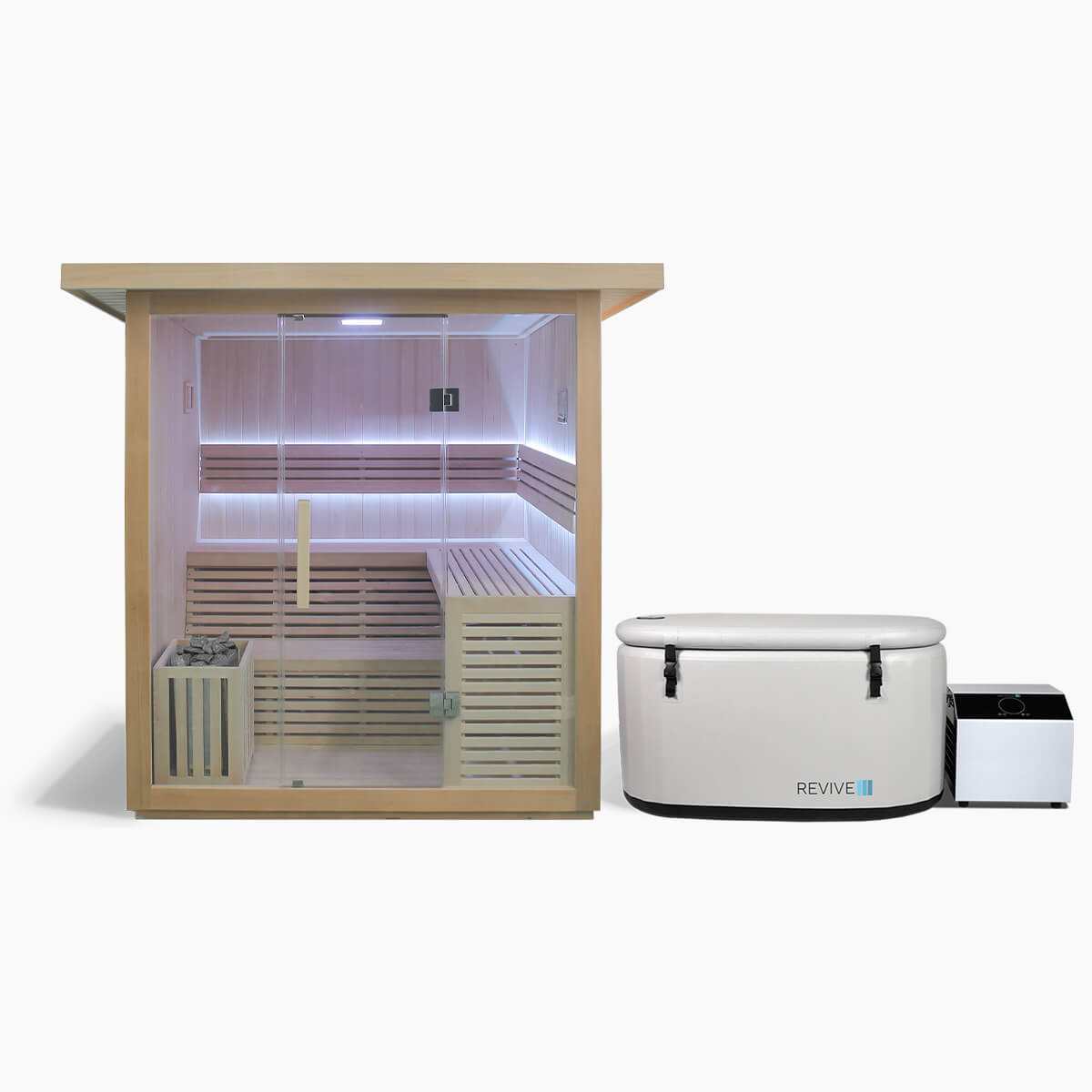 6 person traditional sauna with Hemlock wood and LED lighting next to inflatable plunge pool with temperature control and filtration system