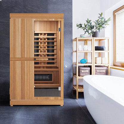 Finnmark FD-4 Trinity infrared and steam sauna combo wooden sauna cabin in modern bathroom