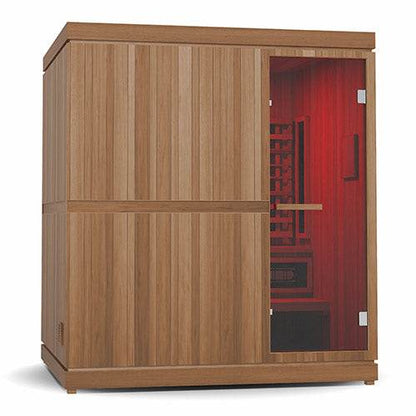 Finnmark FD-5 Trinity XL infrared and steam sauna combo with wooden exterior and red glass door