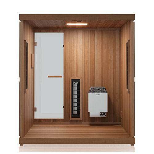 Finnmark FD-5 Trinity XL wooden infrared and steam sauna combo with glass door and heater panel