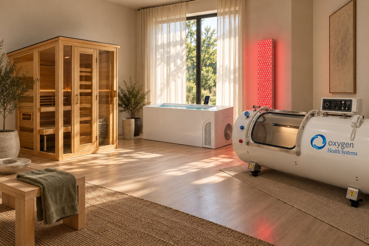 Home wellness sanctuary with infrared sauna, cold plunge, red light panel and hyperbaric chamber