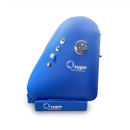 Vertical sitting hyperbaric chamber showing the 2-zipper door system and transparent viewport window