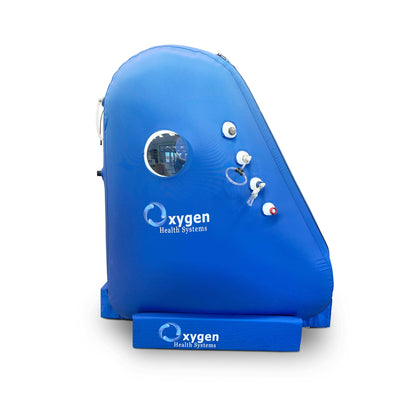 Soft-shell vertical hyperbaric chamber inflated, showing seated upright form factor